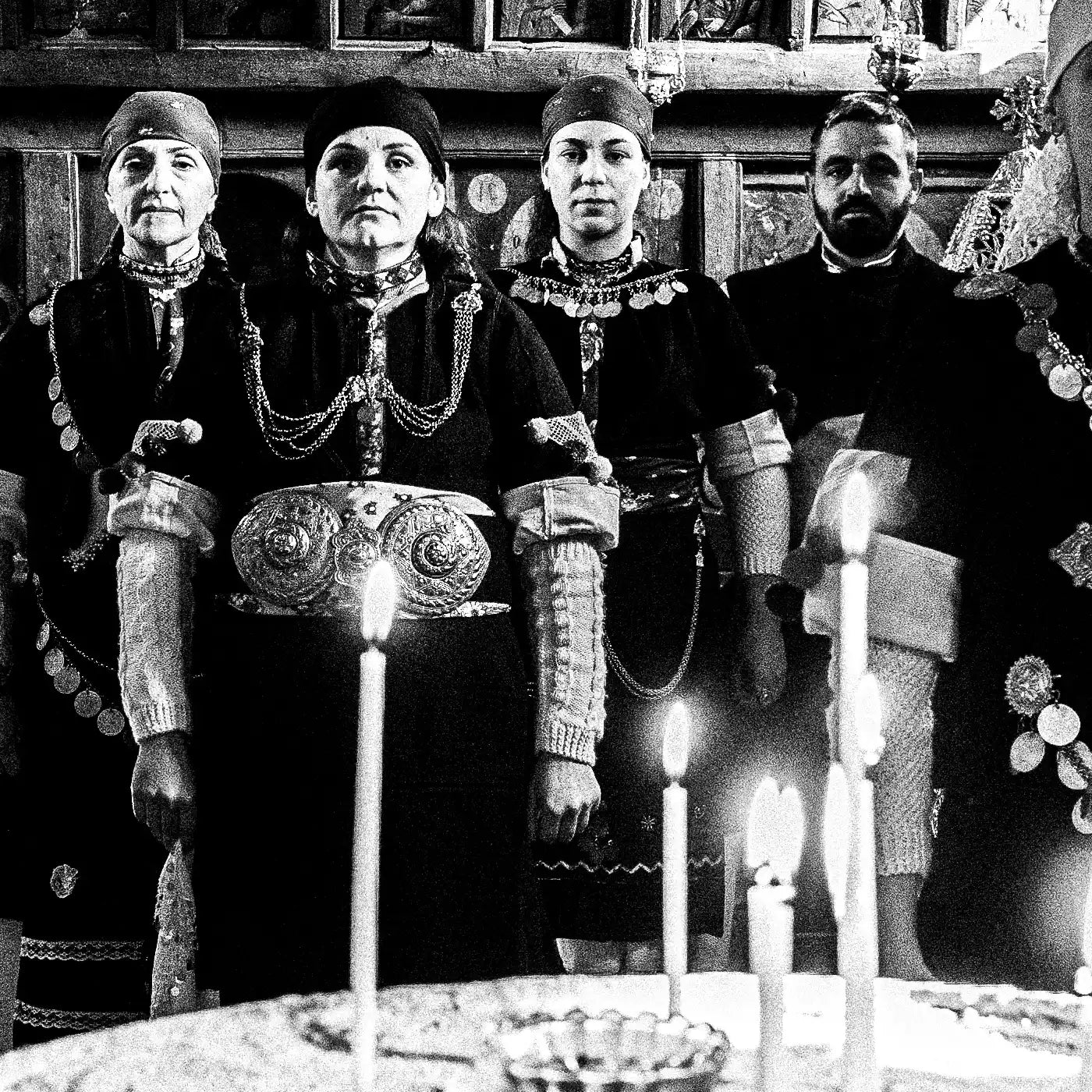 Black and White Photography Wall Art Greece | Costumes of Prespes at a local church W. Macedonia by George Tatakis - detailed view