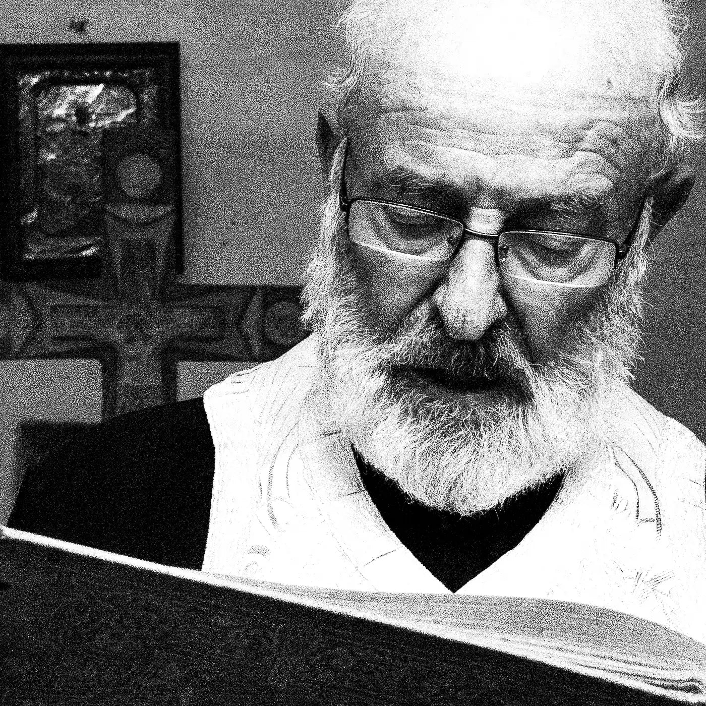 Black and White Photography Wall Art Greece | Priest reading the Gospel Olympos Karpathos Dodecanese by George Tatakis - detailed view