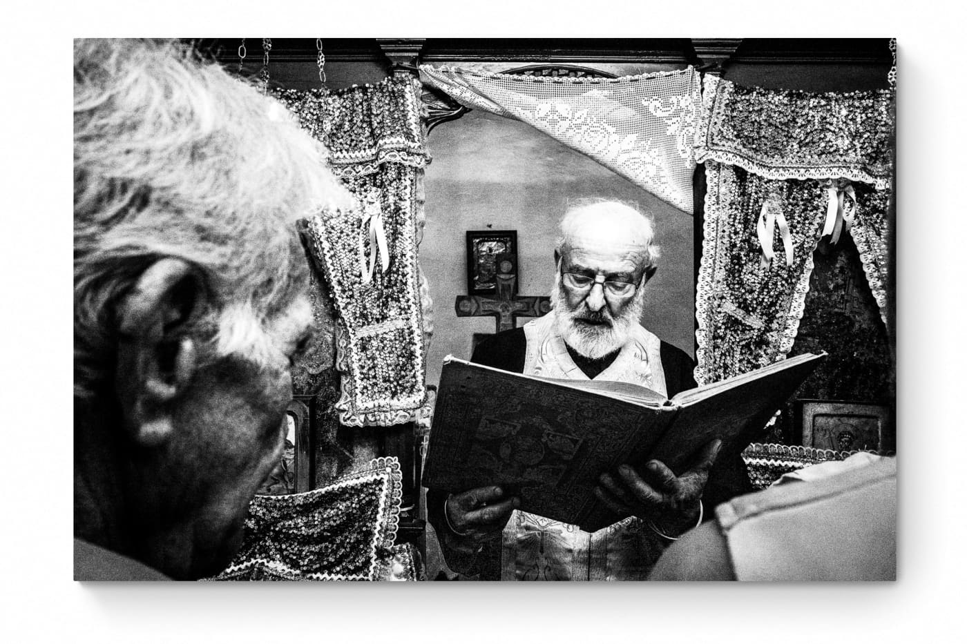 Black and White Photography Wall Art Greece | Priest reading the Gospel Olympos Karpathos Dodecanese by George Tatakis - whole photo