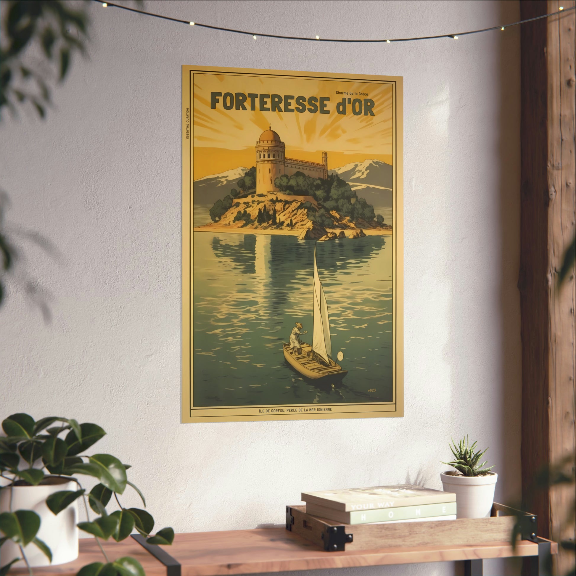 Color Retro Poster Wall Art from Greece by George Tatakis | A boat sailing by the Fortress of Corfu - modern room