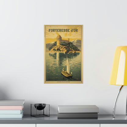 Color Retro Poster Wall Art from Greece by George Tatakis | A boat sailing by the Fortress of Corfu - small size