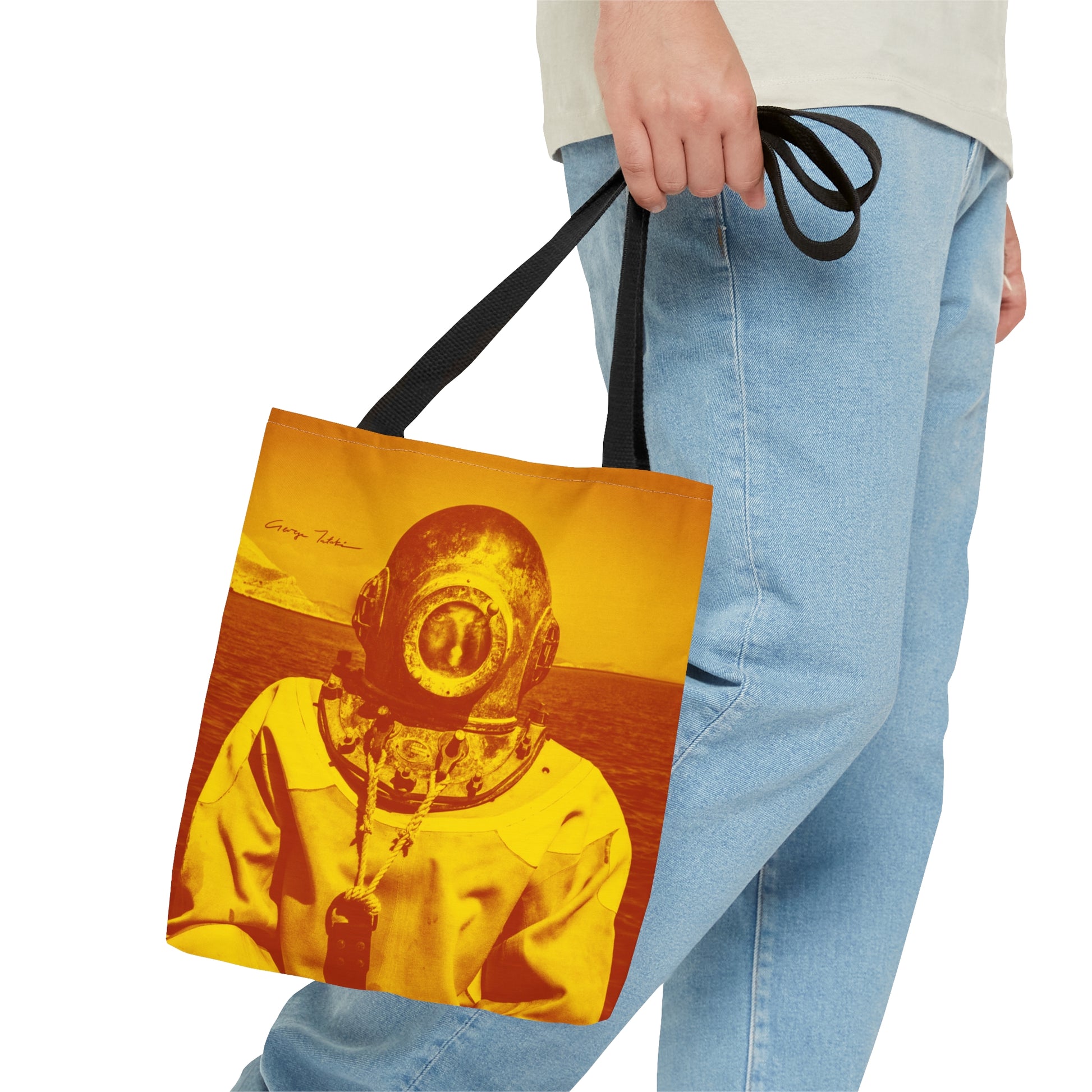 Kalymnos Sponge Diver Tote Bag - Vibrant Yellow-Orange Gradient Print - leg side