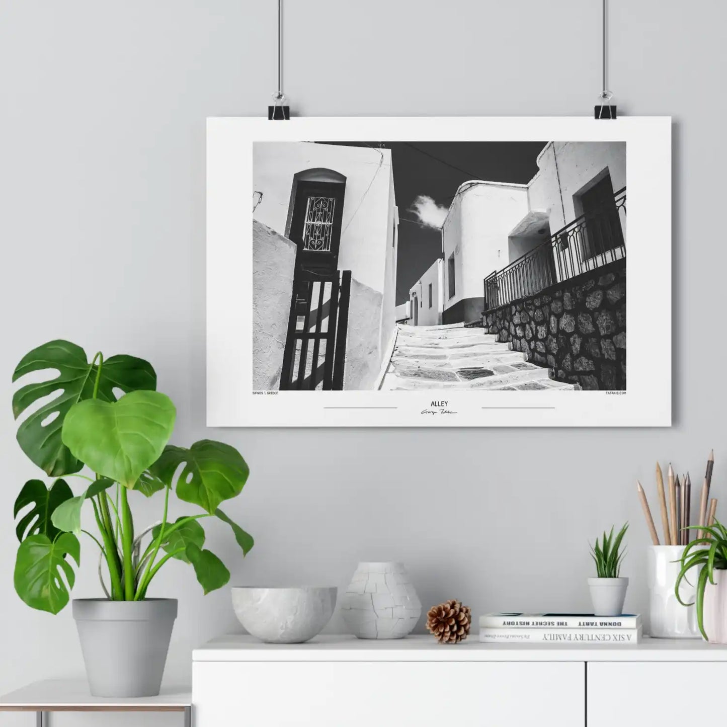 Black and White Photo Wall Art Poster from Greece | Alley with white houses on Sifnos island, by George Tatakis - small size