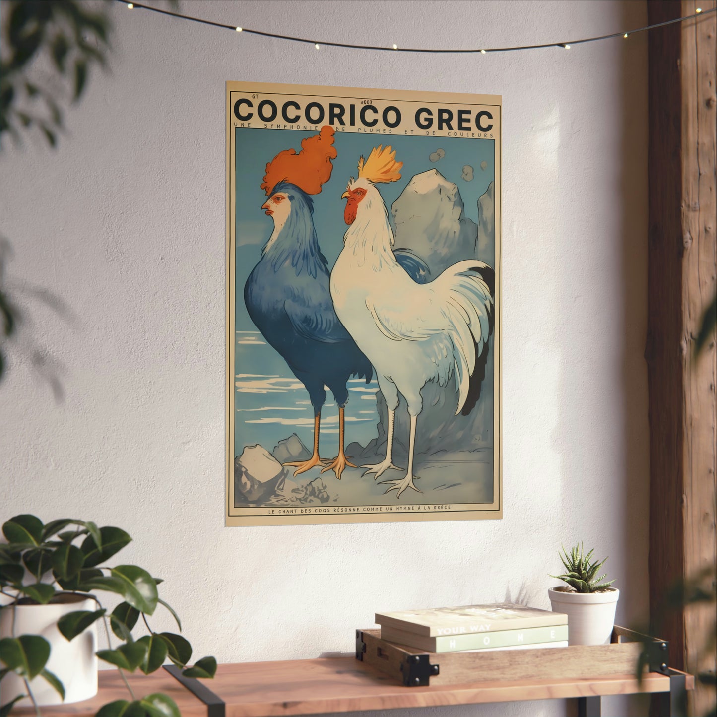Color Retro Poster Wall Art from Greece by George Tatakis | Twin Roosters with blue sky - modern room