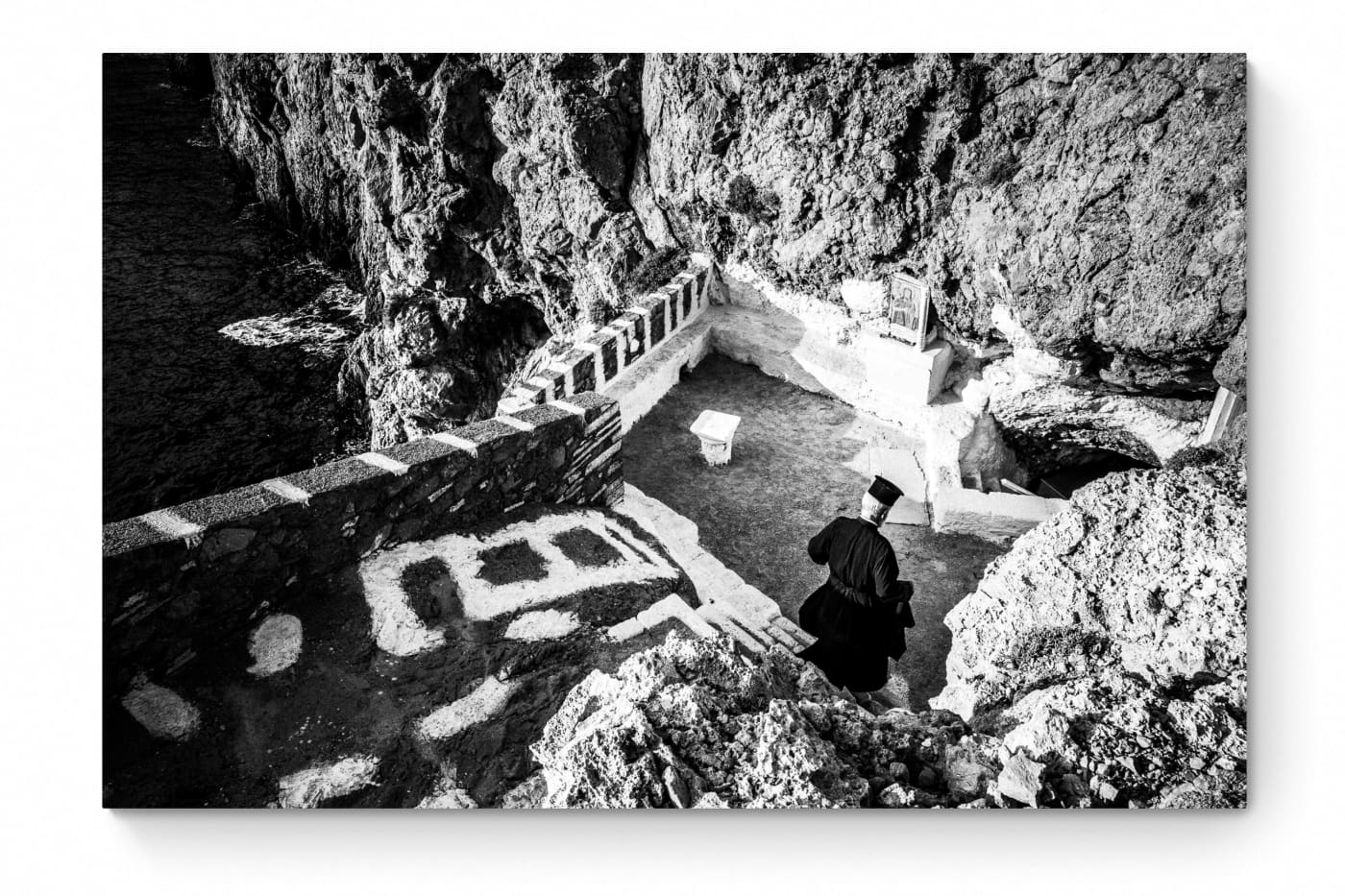Black and White Photography Wall Art Greece | Priest descending to the St. John church in Vrykounta Olympos Karpathos Dodecanese by George Tatakis - whole photo