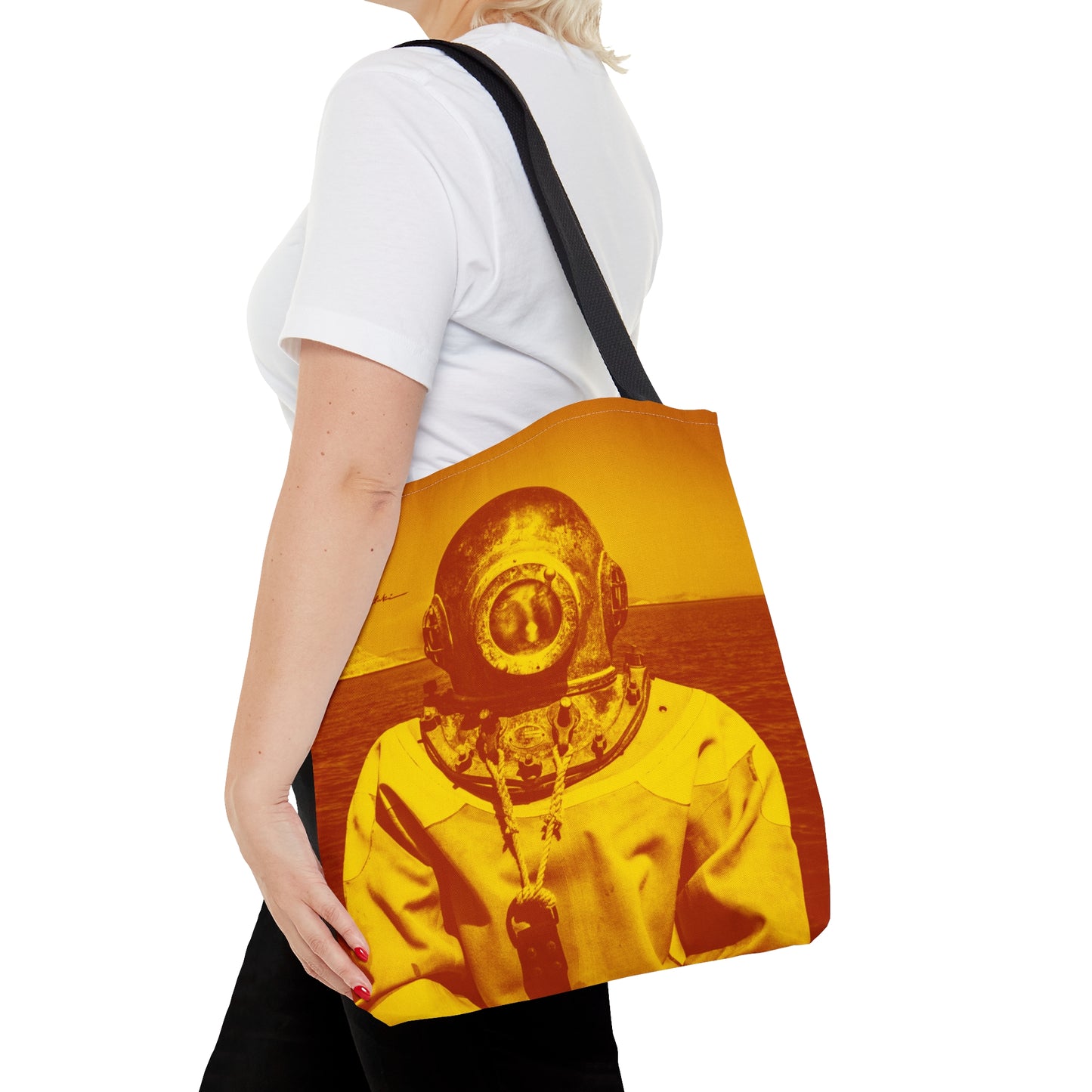 Kalymnos Sponge Diver Tote Bag - Vibrant Yellow-Orange Gradient Print - woman shoulder