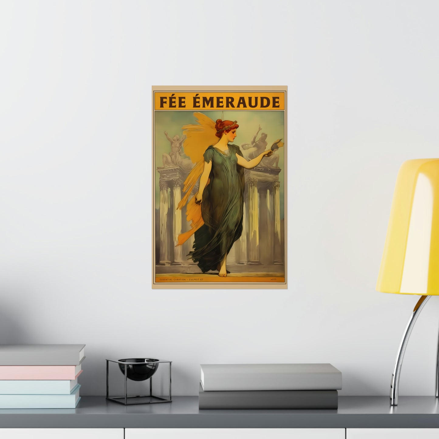 The Emerald Fairy - Mythical Art Print | Red Haired Woman in Greek Dress with Golden Wings and Tiara | Classical Greek Building - small
