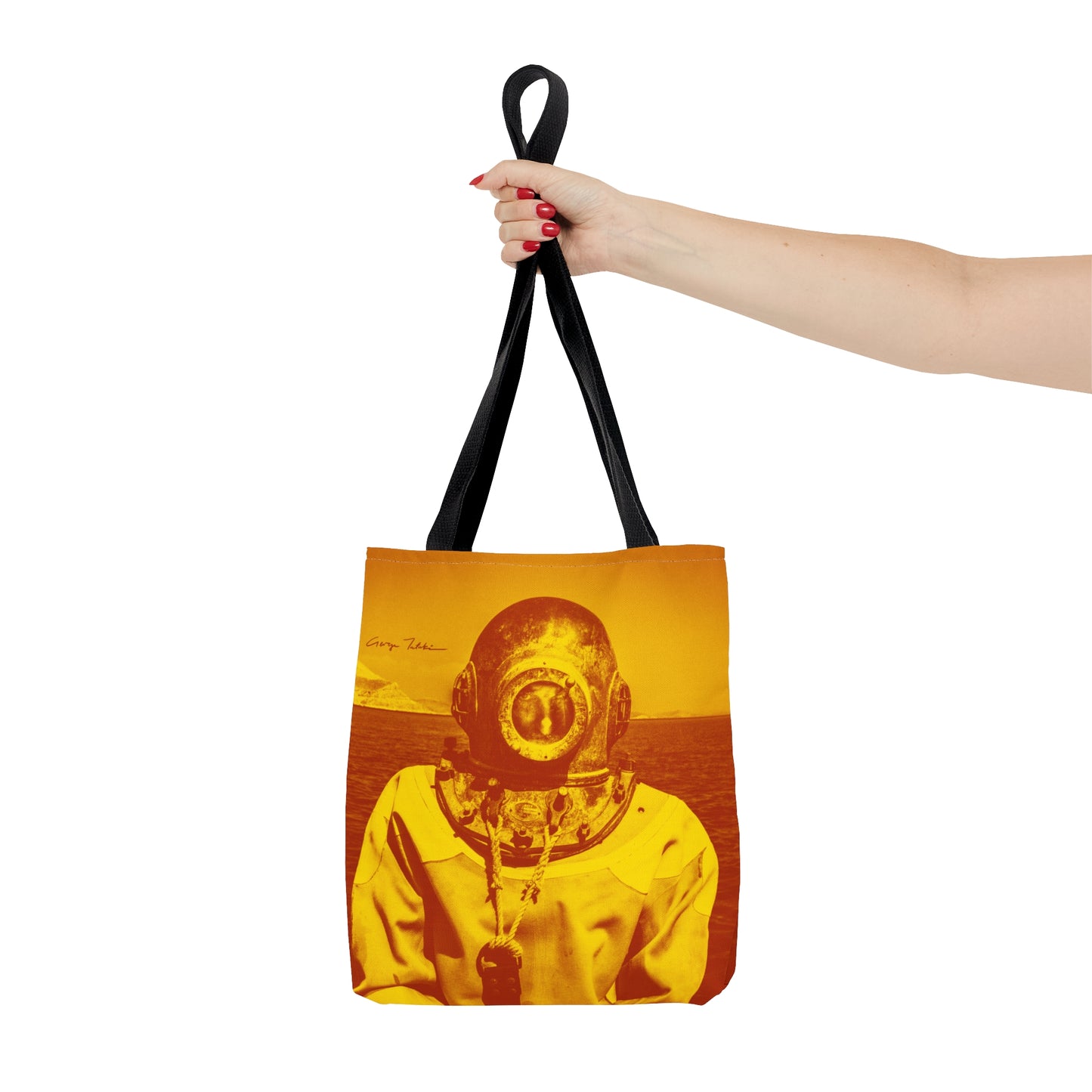 Kalymnos Sponge Diver Tote Bag - Vibrant Yellow-Orange Gradient Print - holding