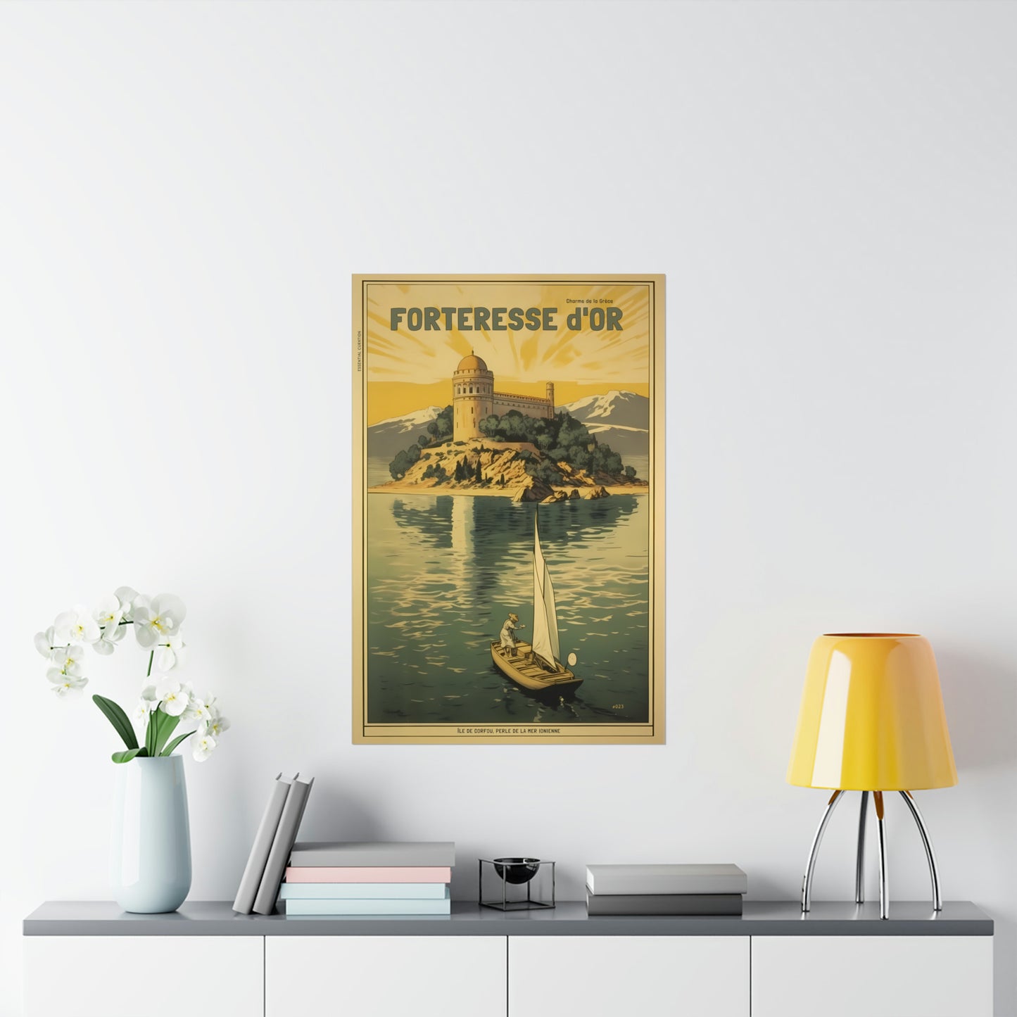 Color Retro Poster Wall Art from Greece by George Tatakis | A boat sailing by the Fortress of Corfu - large size