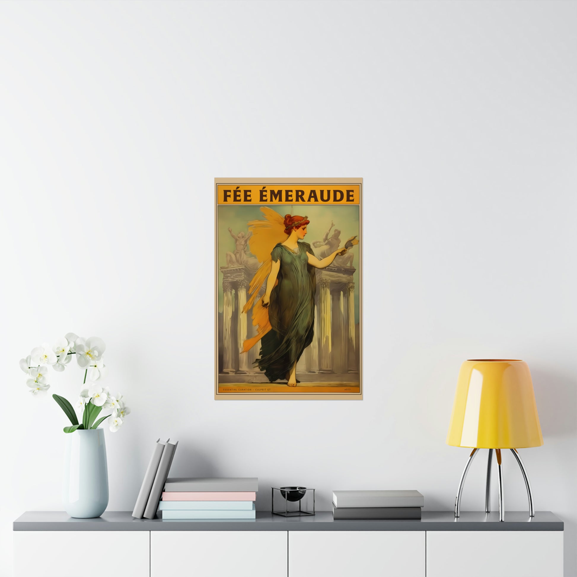 The Emerald Fairy - Mythical Art Print | Red Haired Woman in Greek Dress with Golden Wings and Tiara | Classical Greek Building - medium