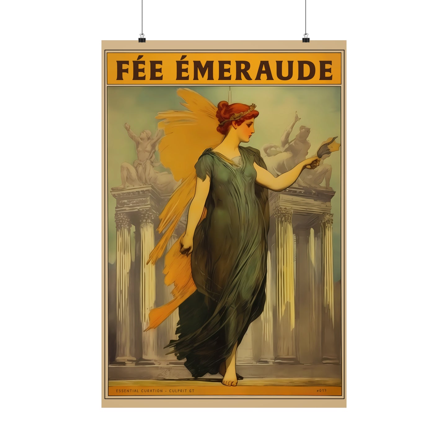 The Emerald Fairy - Mythical Art Print | Red Haired Woman in Greek Dress with Golden Wings and Tiara | Classical Greek Building - hanged