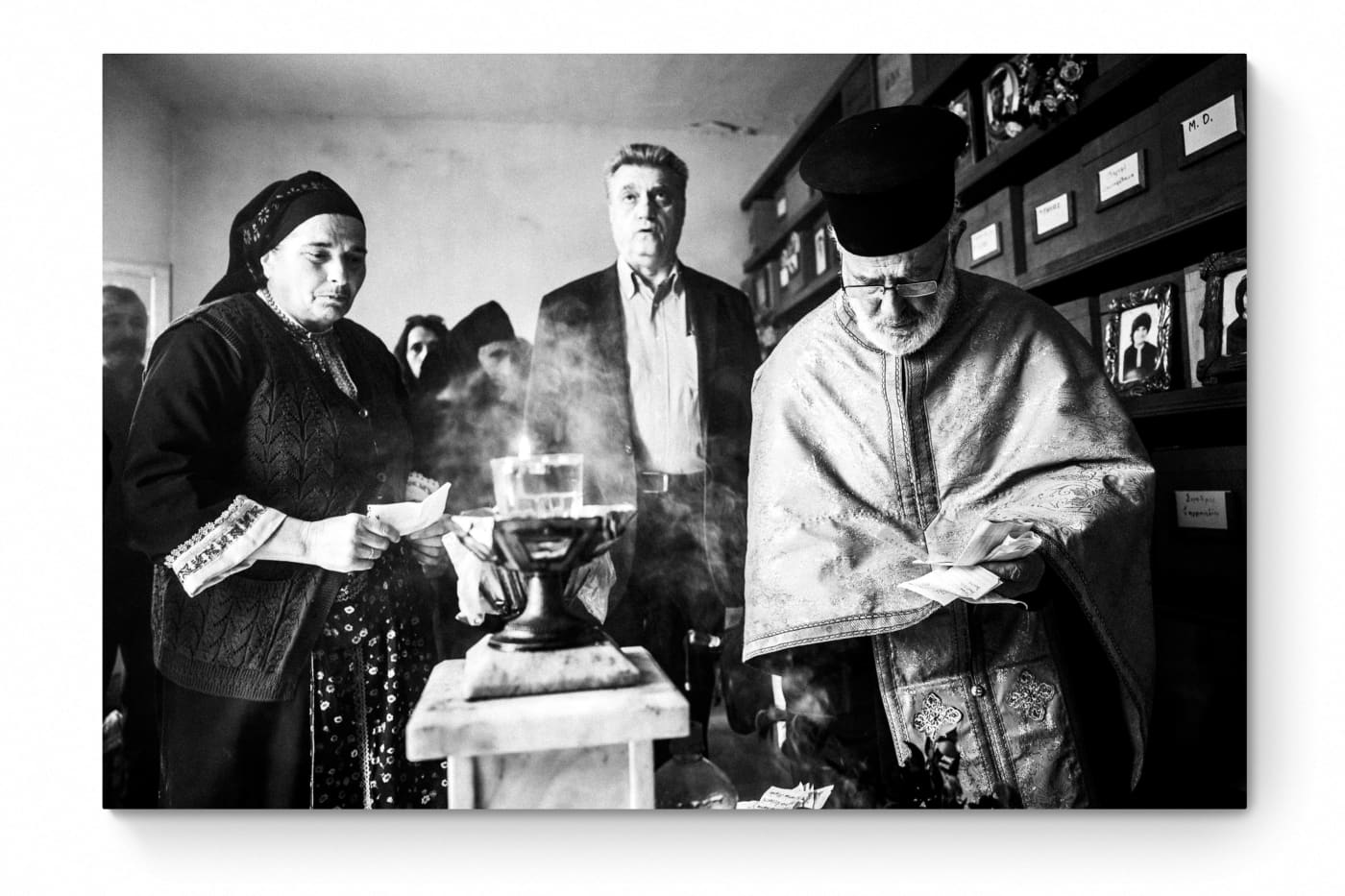 Black and White Photography Wall Art Greece | Blessing in the ossuary Olympos on Easter Tuesday Karpathos Dodecanese by George Tatakis - whole photo