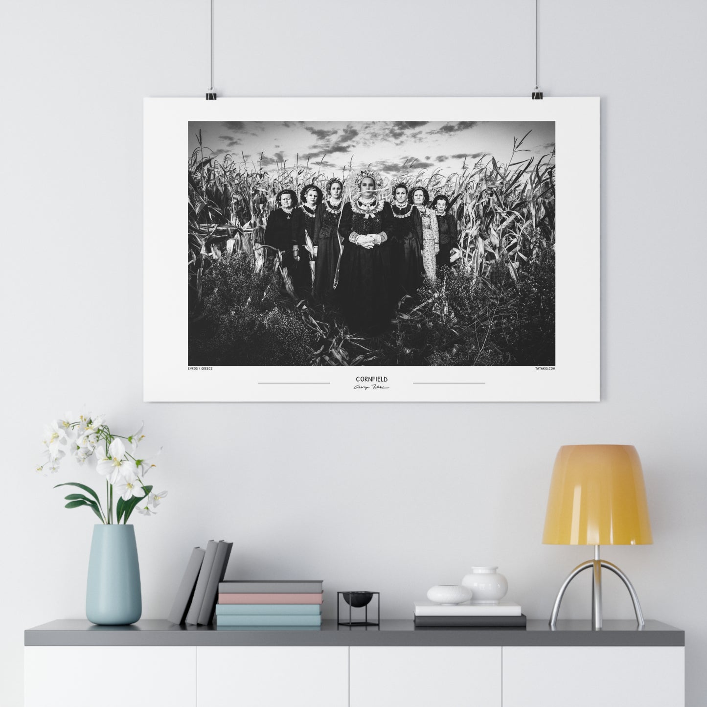 Black and White Photo Wall Art Poster from Greece | Costumes in a Cornfield, Nea Vyssa, Evros, Thrace, by George Tatakis - large size