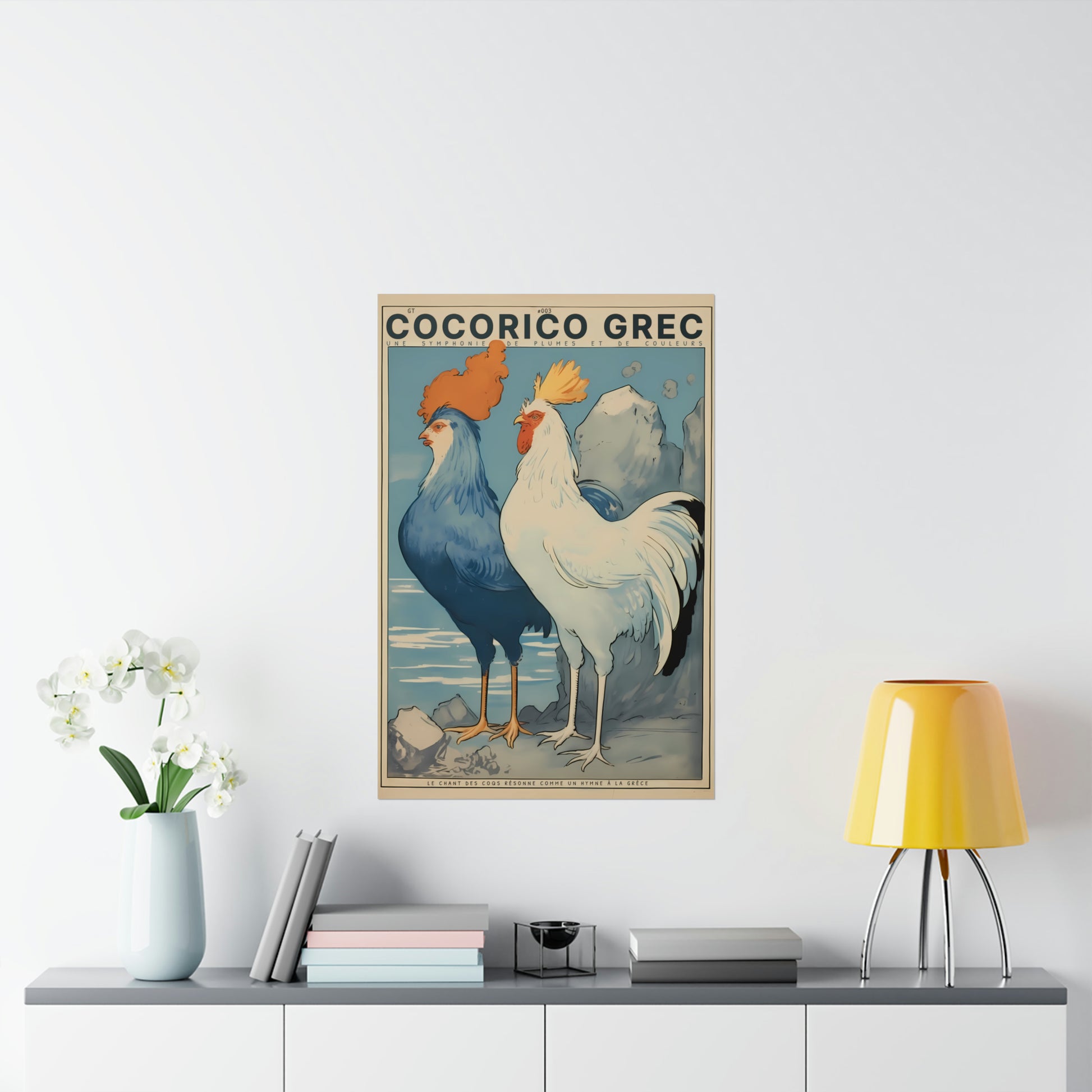 Color Retro Poster Wall Art from Greece by George Tatakis | Twin Roosters with blue sky - large