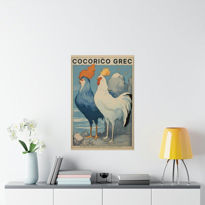 Color Retro Poster Wall Art from Greece by George Tatakis | Twin Roosters with blue sky - large
