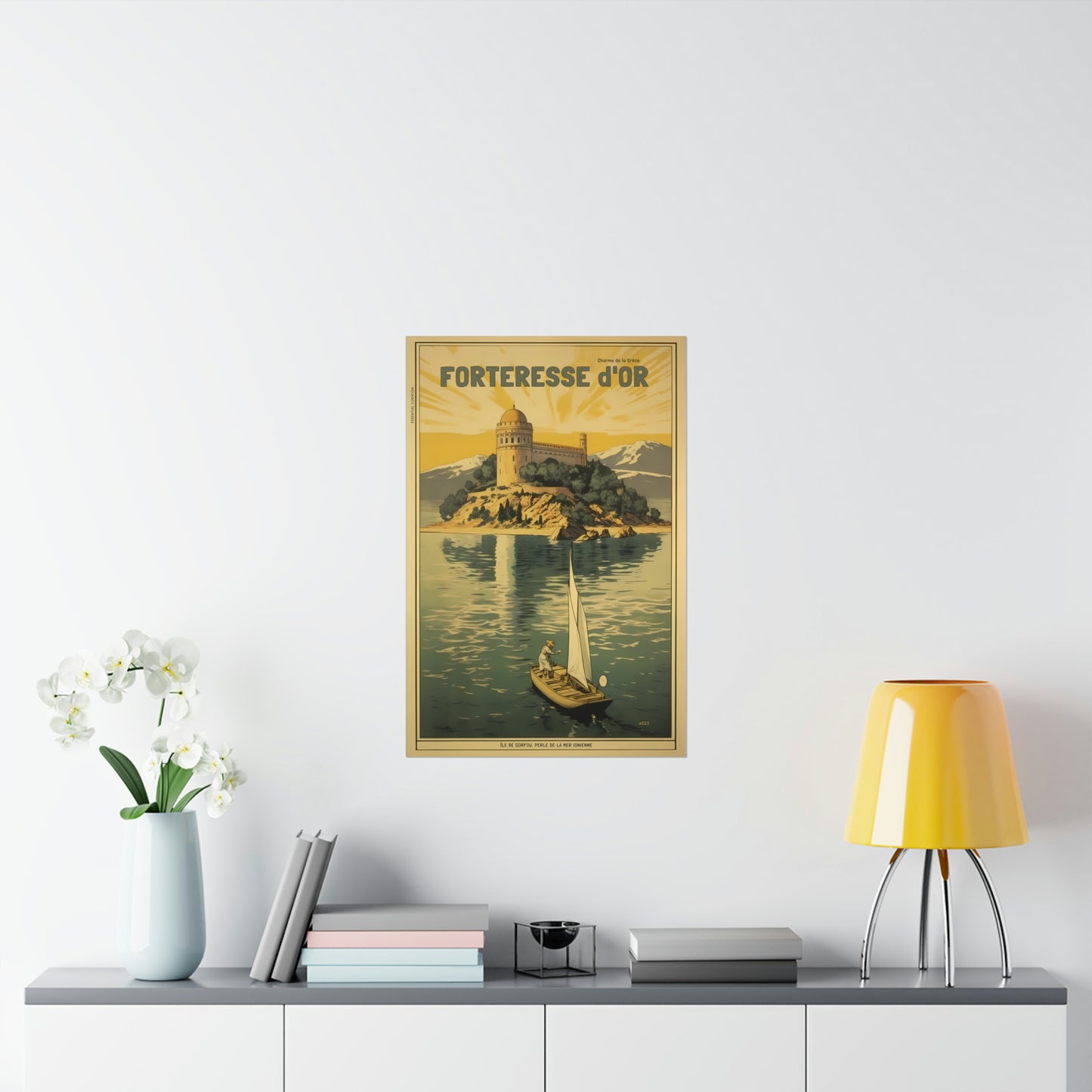 Color Retro Poster Wall Art from Greece by George Tatakis | A boat sailing by the Fortress of Corfu - medium size