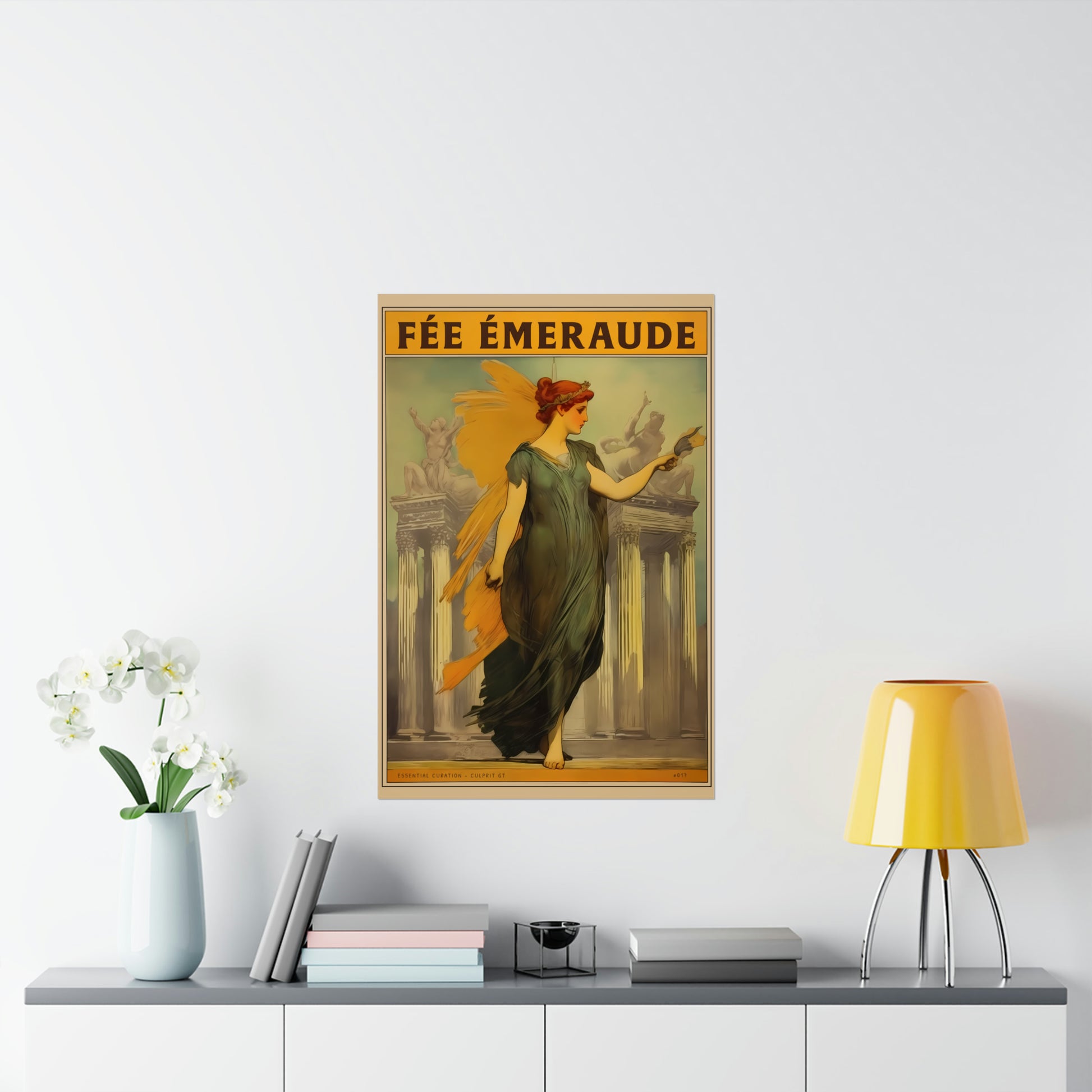 The Emerald Fairy - Mythical Art Print | Red Haired Woman in Greek Dress with Golden Wings and Tiara | Classical Greek Building - large