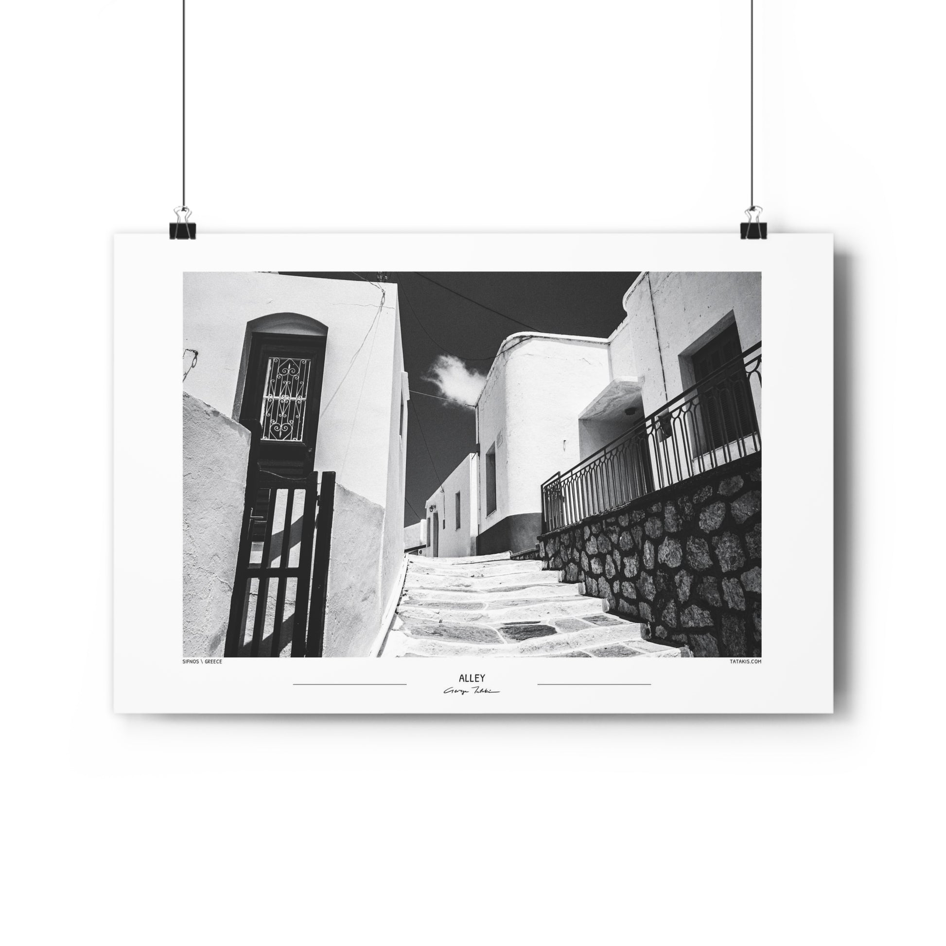 Black and White Photo Wall Art Poster from Greece | Alley with white houses on Sifnos island, by George Tatakis - hanging poster