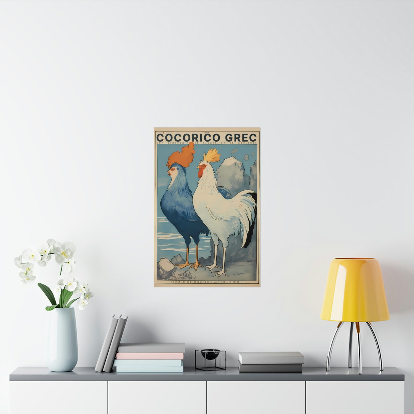 Color Retro Poster Wall Art from Greece by George Tatakis | Twin Roosters with blue sky - medium