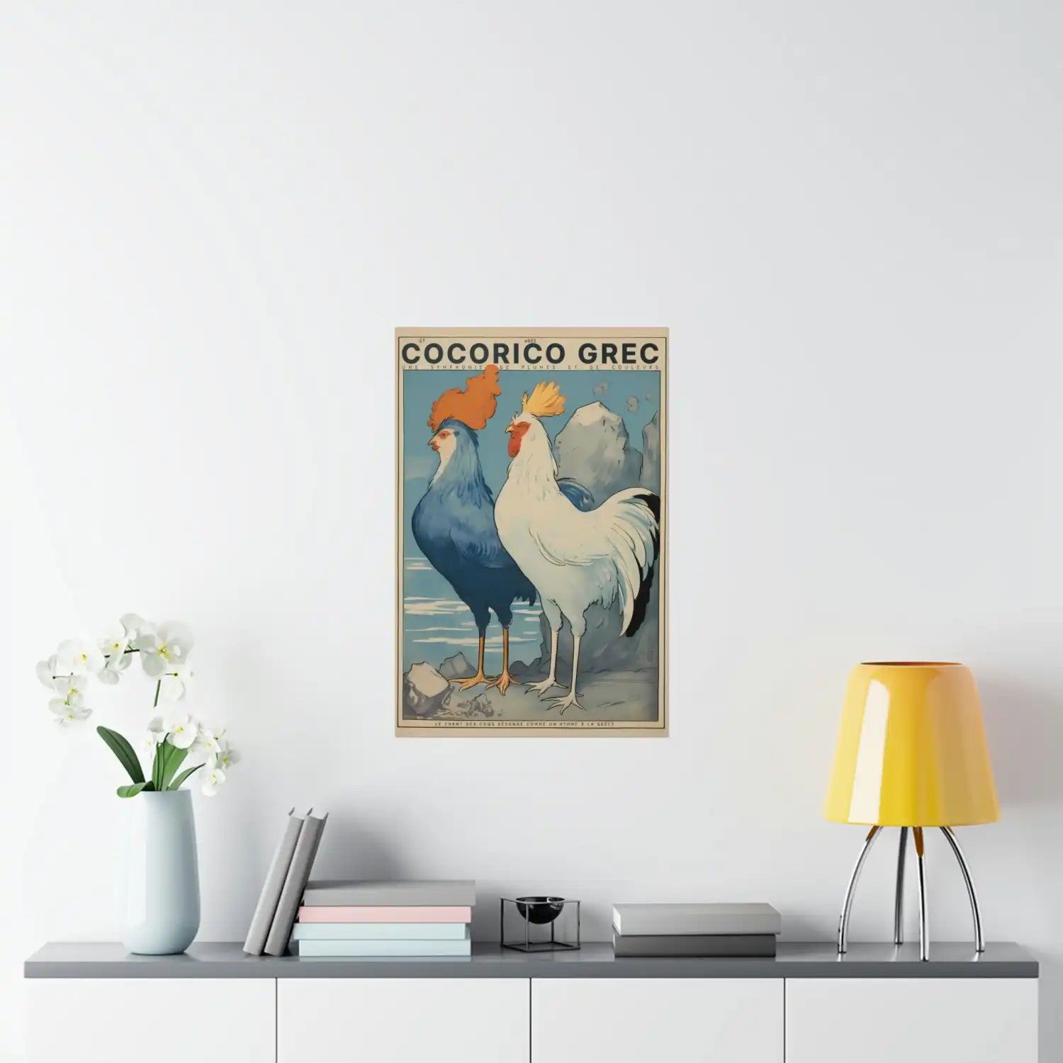Color Retro Poster Wall Art from Greece by George Tatakis | Twin Roosters with blue sky - medium
