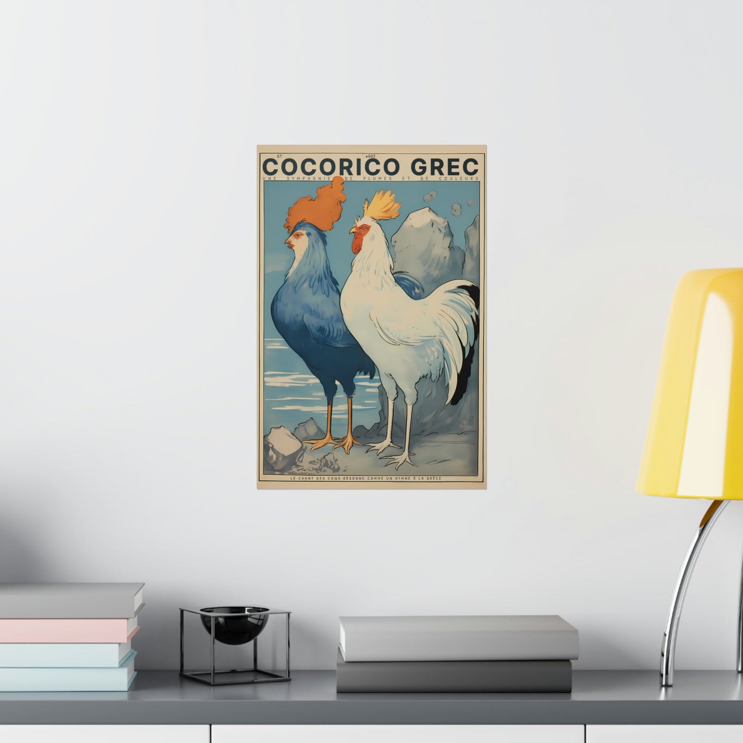 Color Retro Poster Wall Art from Greece by George Tatakis | Twin Roosters with blue sky - small