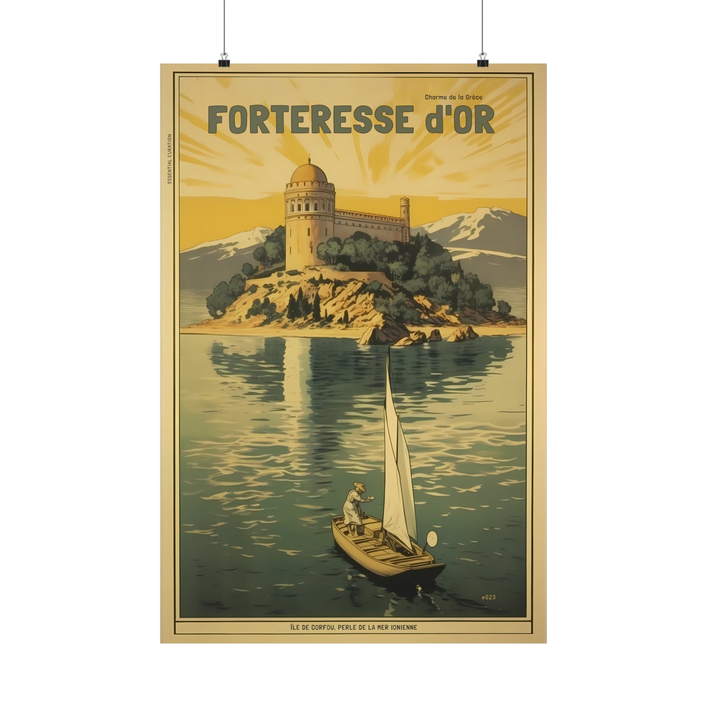 Color Retro Poster Wall Art from Greece by George Tatakis | A boat sailing by the Fortress of Corfu - hanging poster