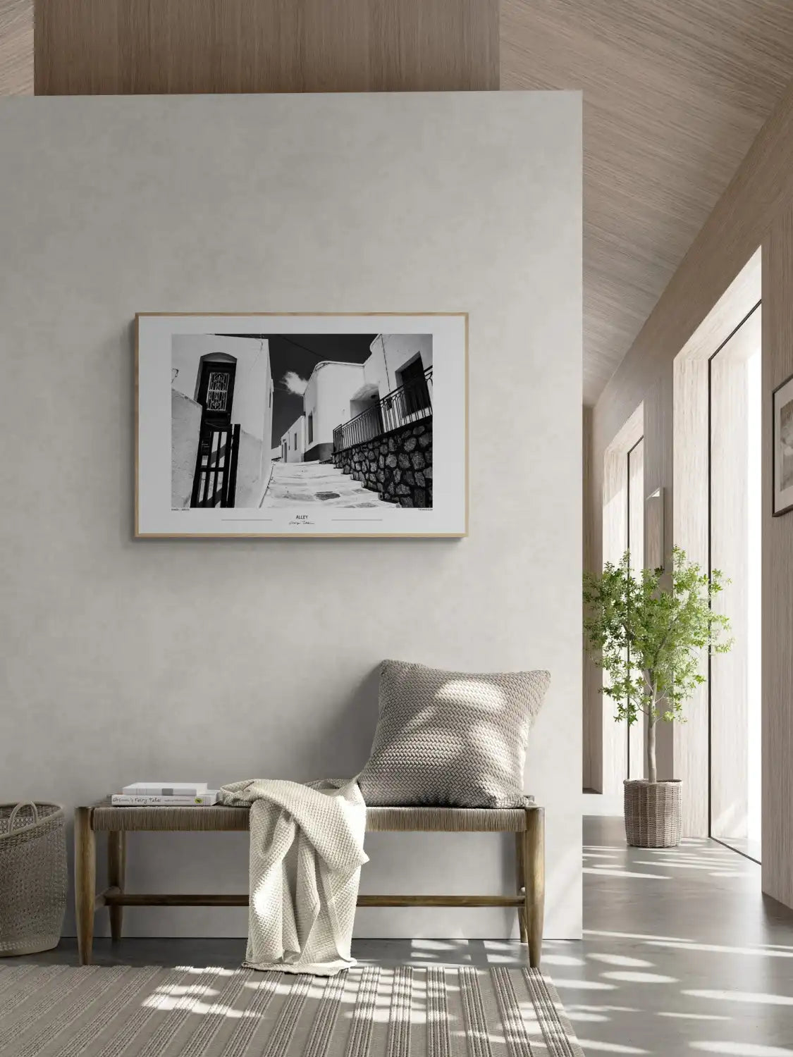 Black and White Photo Wall Art Poster from Greece | Alley with white houses on Sifnos island, by George Tatakis - boho living room