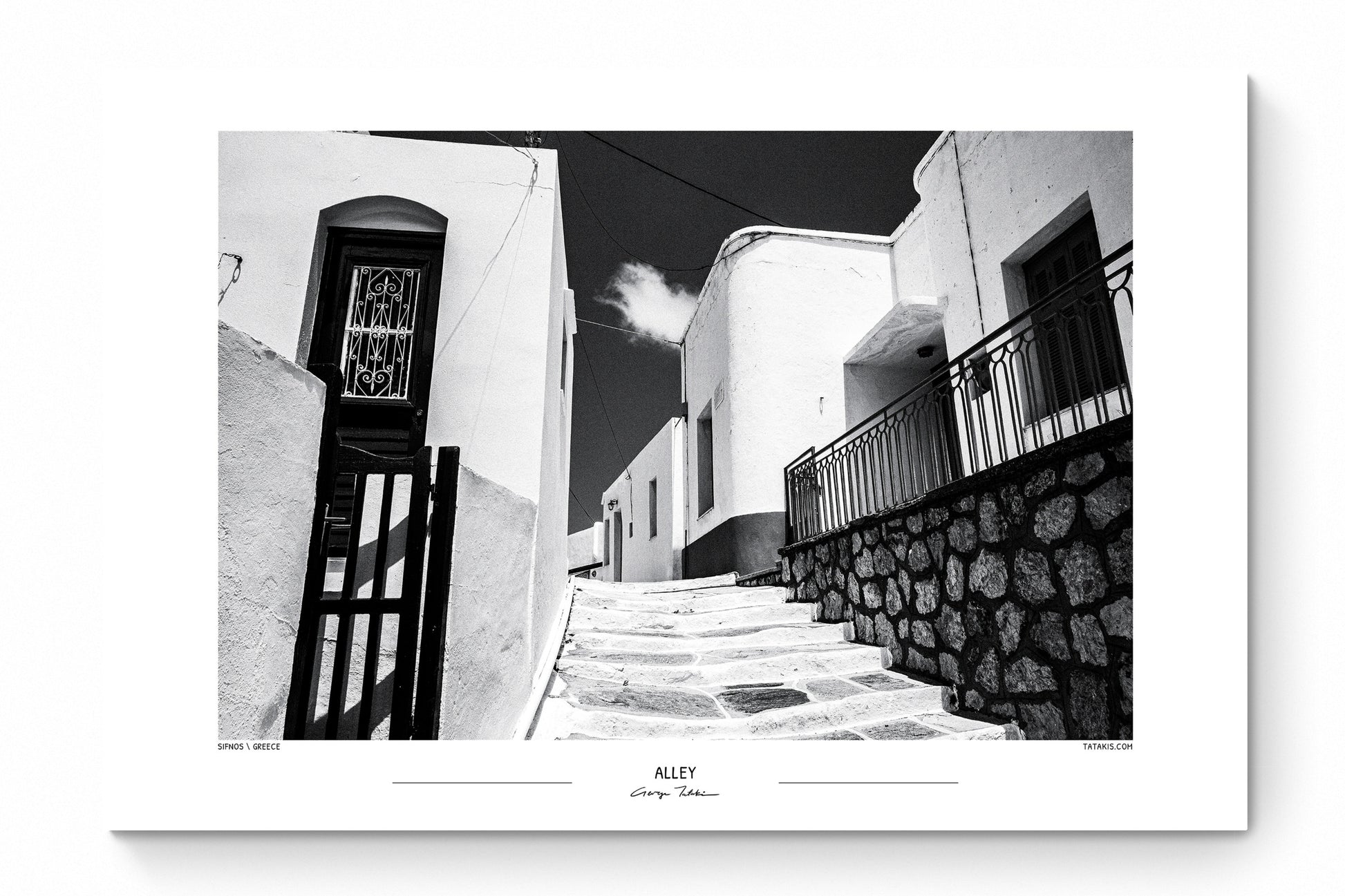 Black and White Photo Wall Art Poster from Greece | Alley with white houses on Sifnos island, by George Tatakis - whole poster