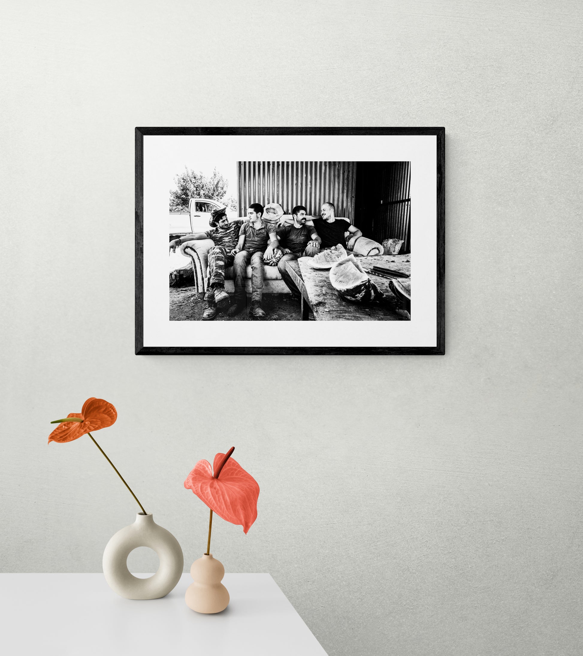 Black and White Photography Wall Art Greece | A group of men in a sofa after work Anogia Crete - framed