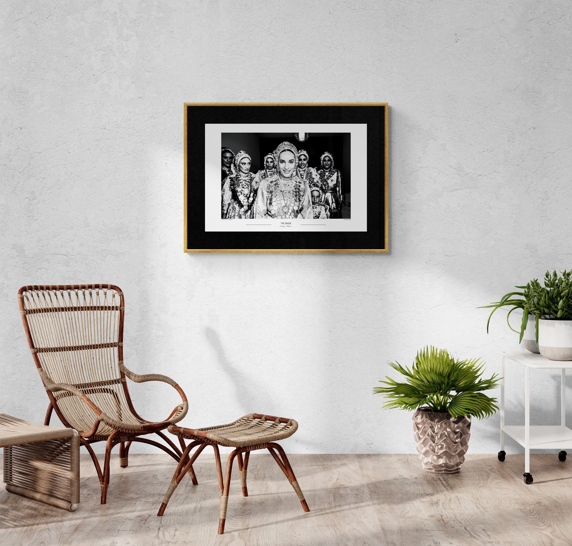 Black and White Photo Wall Art Poster from Greece | Bride in Diafani on Karpathos island, by George Tatakis - room with cane armchair