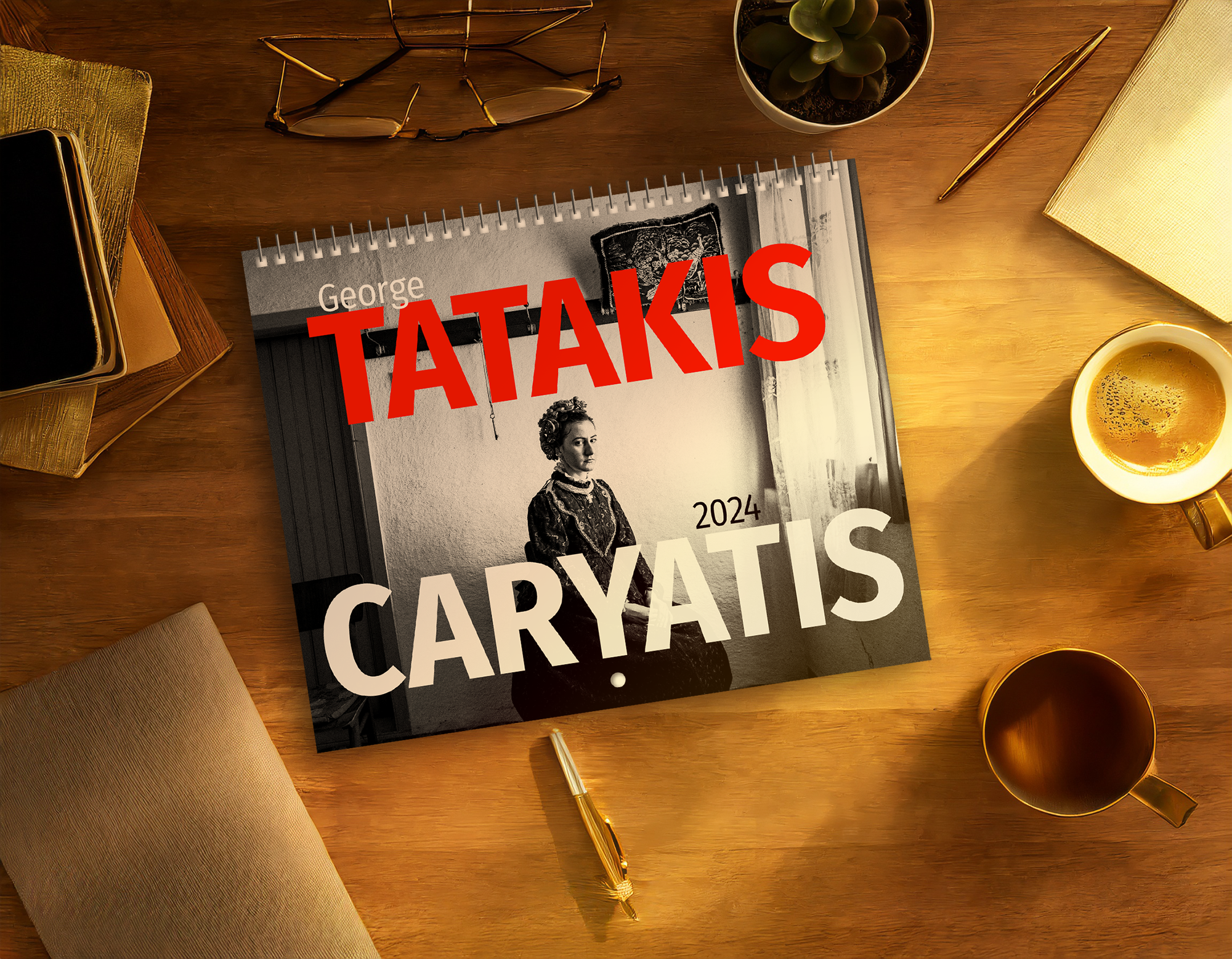 George Tatakis' Caryatis Calendar 2024 | 12 Months of Captivating Greek Heritage in Black & White - front cover on desk