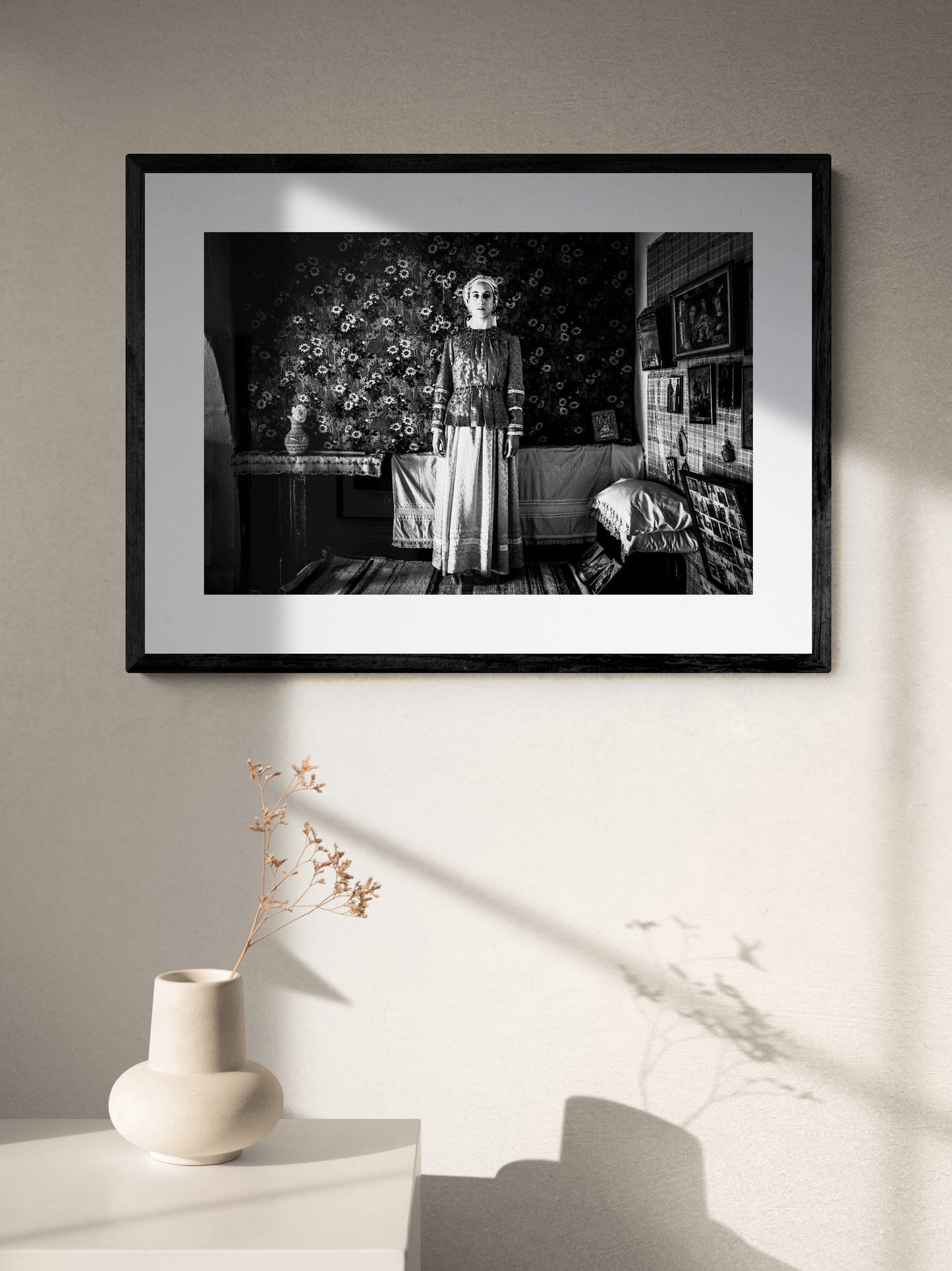 Black and White Photography Wall Art Greece | Traditional costume of Afantou in a local house Rhodes by George Tatakis - single framed photo