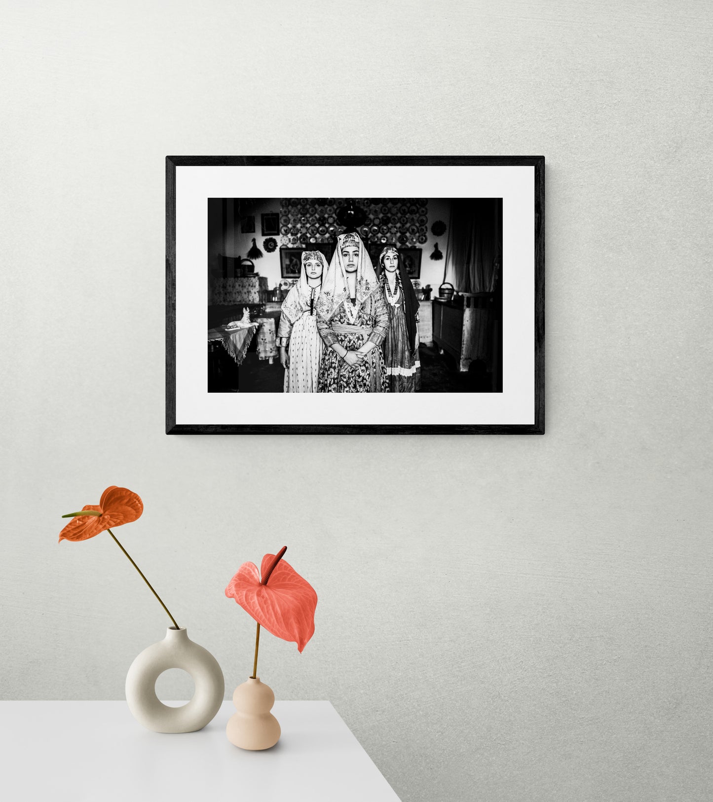 Black and White Photography Wall Art Greece | Traditional costumes of Archangelos in a traditional house Rhodes by George Tatakis - single framed photo