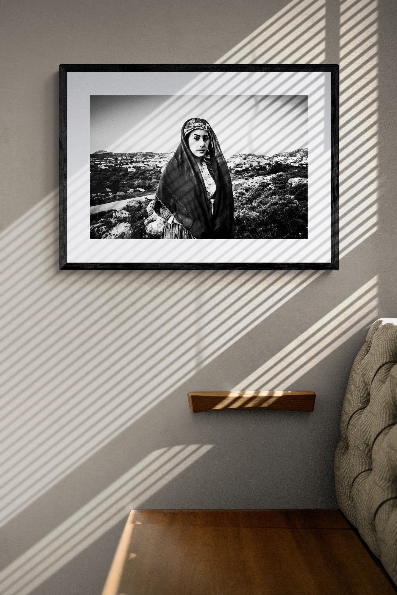 Black and White Photography Wall Art Greece | Traditional costume of Archangelos overlooking the town Rhodes by George Tatakis - single framed photo