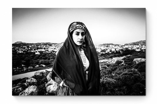 Black and White Photography Wall Art Greece | Traditional costume of Archangelos overlooking the town Rhodes by George Tatakis - whole photo