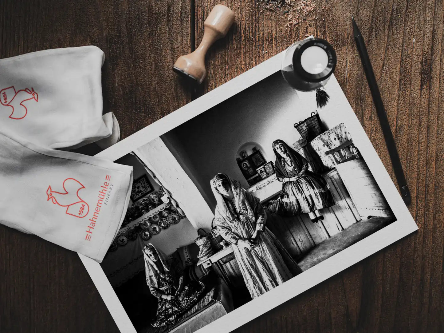 Black and White Photography Wall Art Greece | Traditional costumes of Archangelos in a traditional house Rhodes by George Tatakis - photo print on table