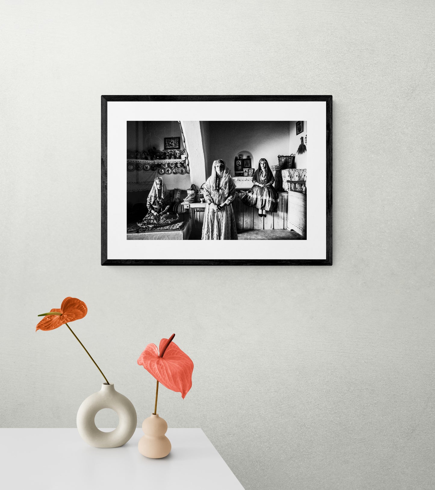Black and White Photography Wall Art Greece | Traditional costumes of Archangelos in a traditional house Rhodes by George Tatakis - single framed photo