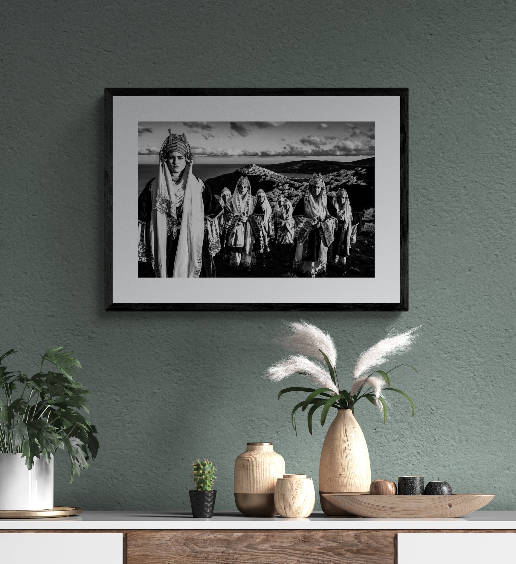 Black and White Photography Wall Art Greece | Costumes of Astypalaea on a cliff overlooking the town Dodecanese by George Tatakis - single framed photo