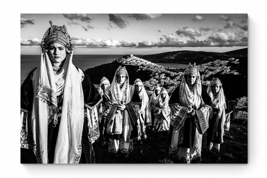 Black and White Photography Wall Art Greece | Costumes of Astypalaea on a cliff overlooking the town Dodecanese by George Tatakis - whole photo