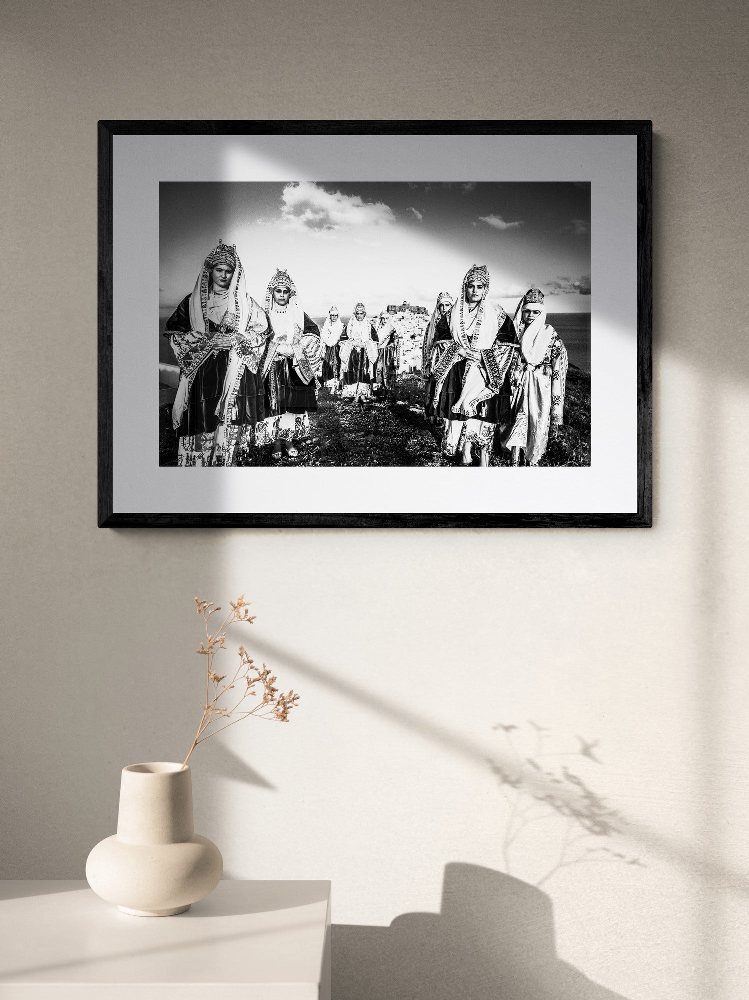Black and White Photography Wall Art Greece | Costume of Astypalaea on a cliff overlooking the castle Dodecanese by George Tatakis - single framed photo