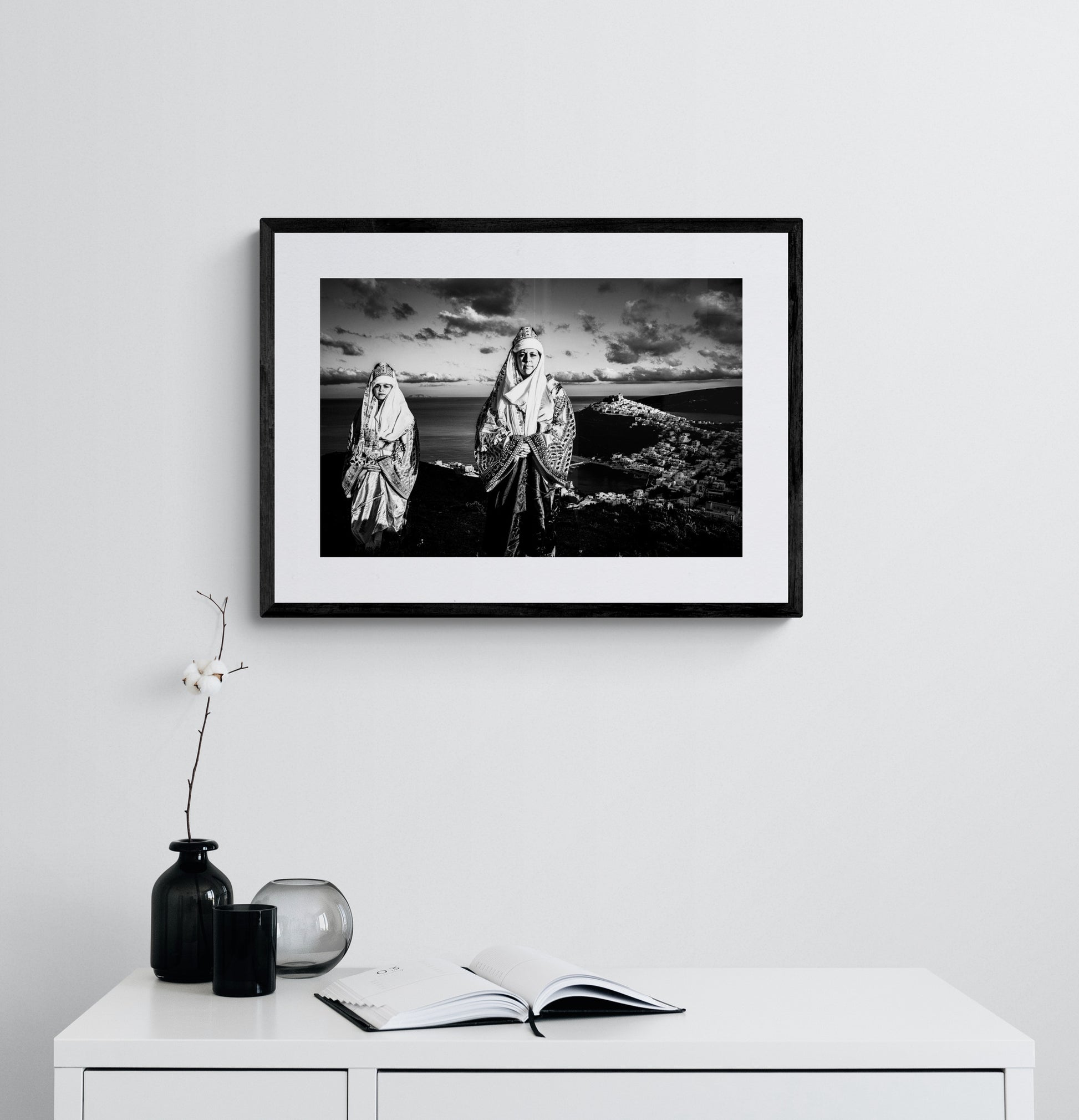 Black and White Photography Wall Art Greece | Costume of Astypalaea on a cliff overlooking the town Dodecanese by George Tatakis - single framed photo