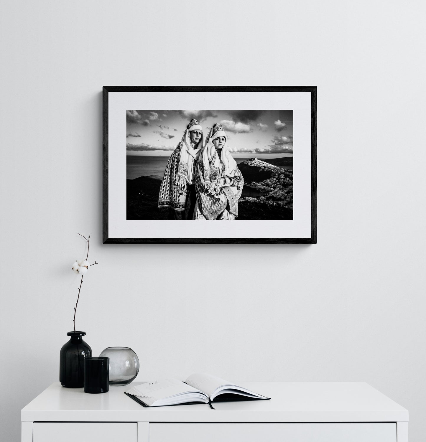 Black and White Photography Wall Art Greece | Costume of Astypalaea on a cliff overlooking the town Dodecanese by George Tatakis - single framed photo