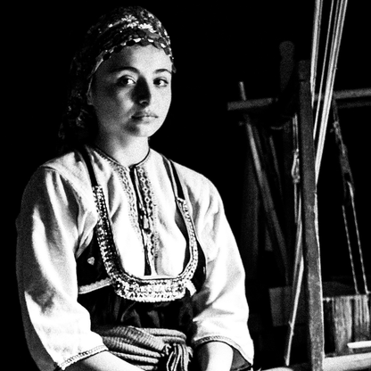 Black and White Photography Wall Art Greece | The traditional costume of Emponas by a loom Rhodes by George Tatakis - detailed view