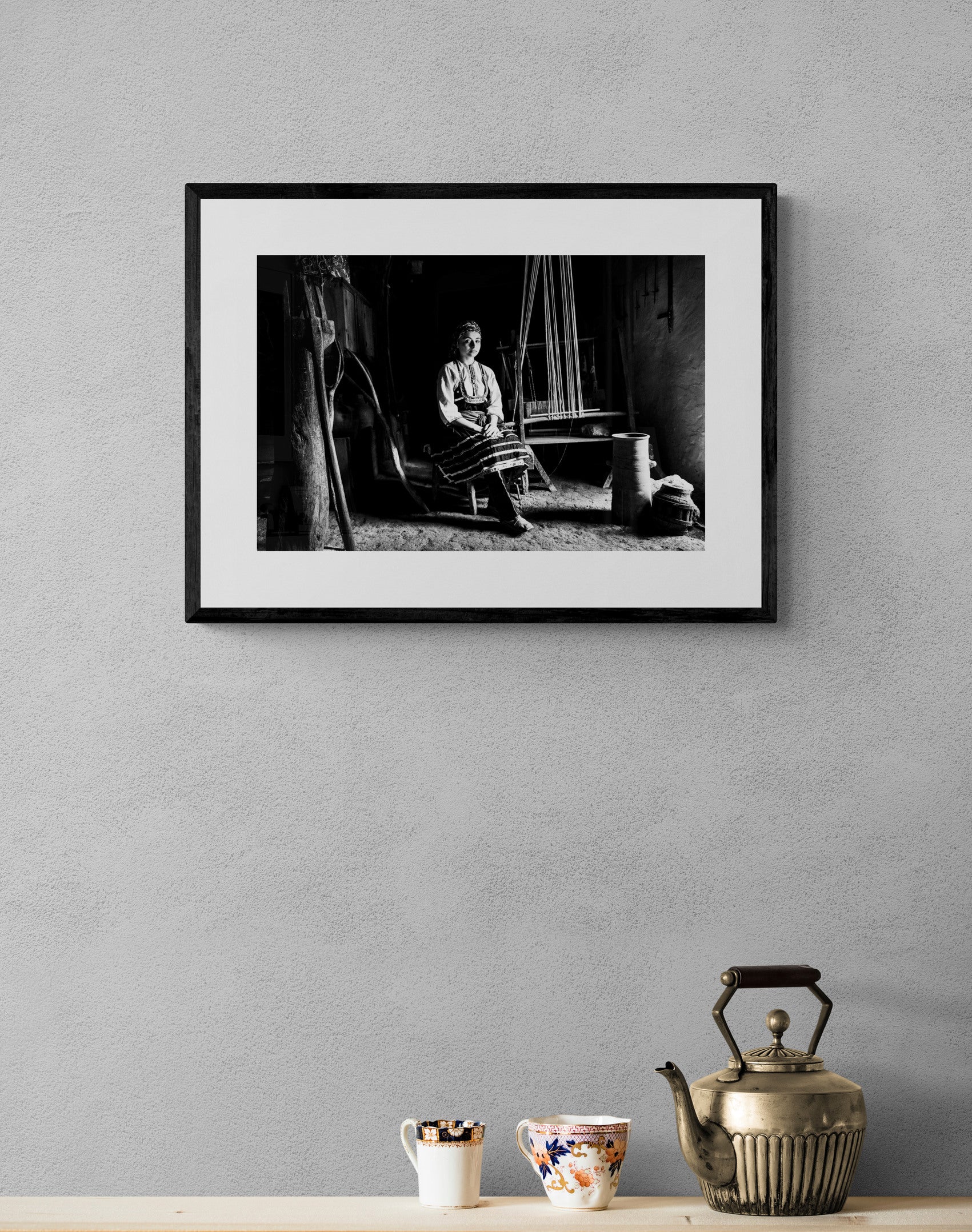 Black and White Photography Wall Art Greece | The traditional costume of Emponas by a loom Rhodes by George Tatakis - single framed photo
