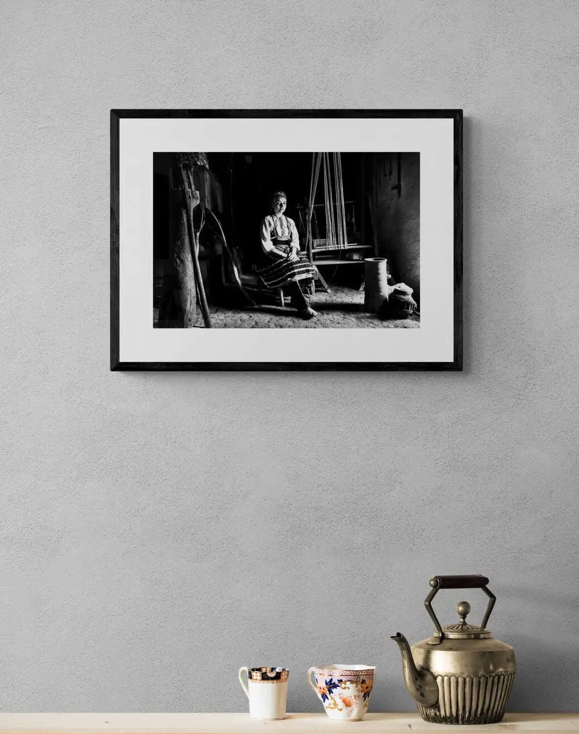 Black and White Photography Wall Art Greece | The traditional costume of Emponas by a loom Rhodes by George Tatakis - single framed photo