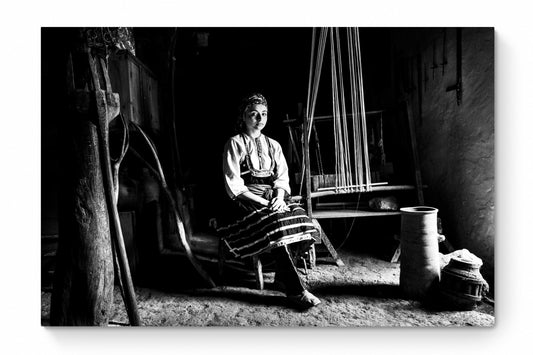 Black and White Photography Wall Art Greece | The traditional costume of Emponas by a loom Rhodes by George Tatakis - whole photo