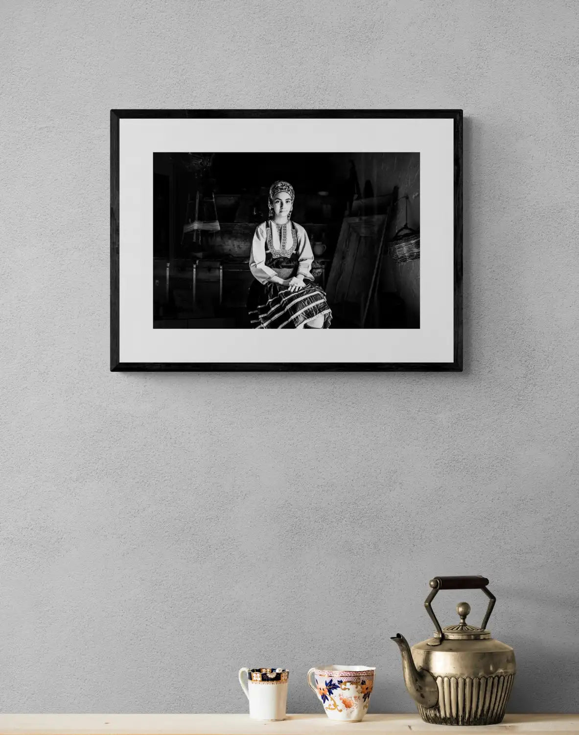 Black and White Photography Wall Art Greece | The traditional costume of Emponas in a local house Rhodes by George Tatakis - single framed photo