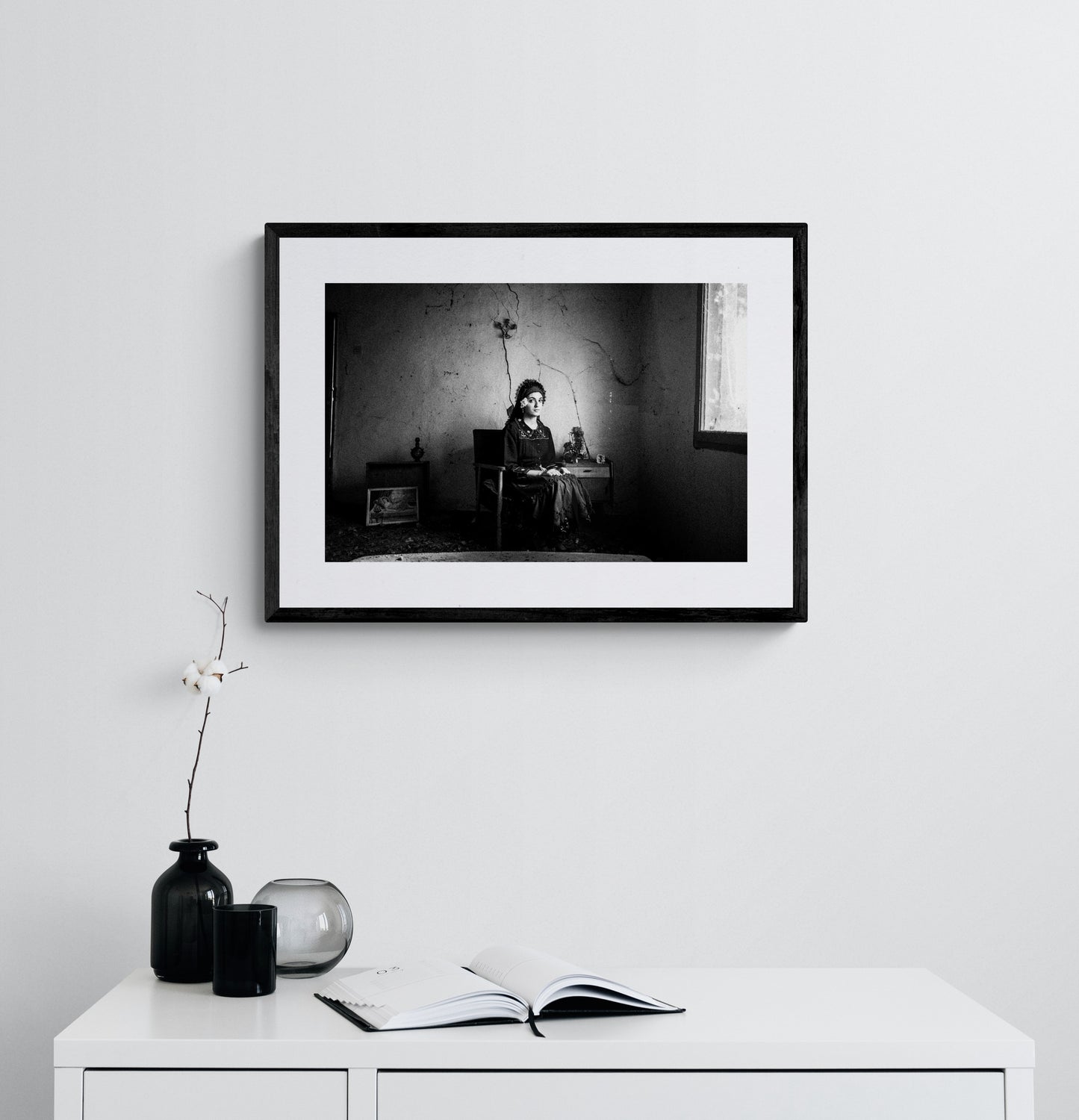 Black and White Photography Wall Art Greece | Sitting lady Enoe Thrace by George Tatakis - single framed photo