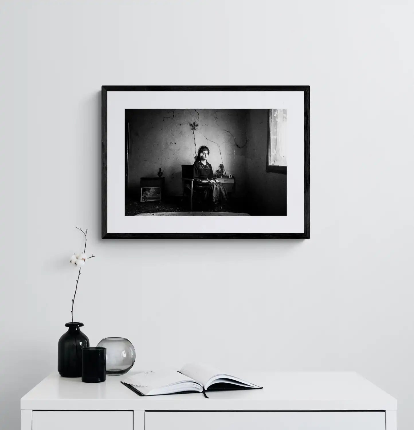 Black and White Photography Wall Art Greece | Sitting lady Enoe Thrace by George Tatakis - single framed photo
