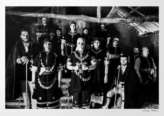Black and White Photography Wall Art Greece | Costumes of Prespes at a local barn W. Macedonia by George Tatakis